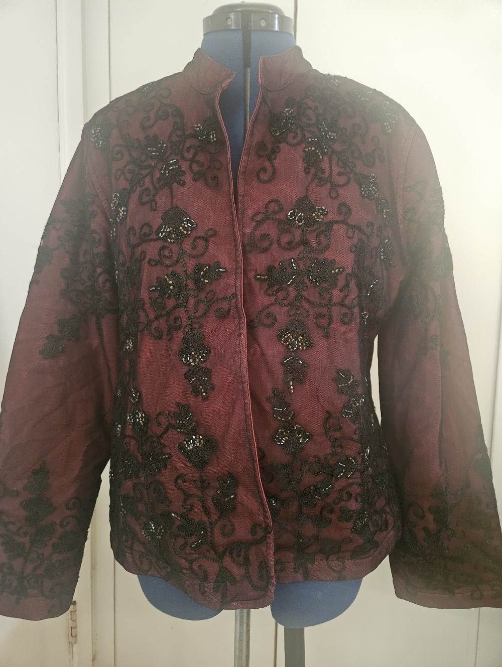 Vintage Choices Brand Burgundy Beaded Open Blazer, Sz XL